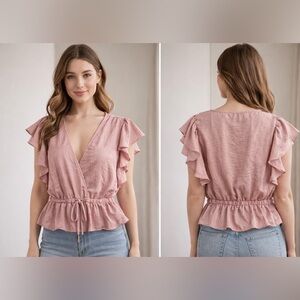 American Eagle Outfitters Dusty Pink Ruffle Sleeve Drawstring Peplum Top